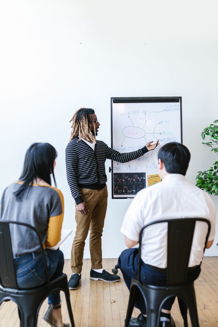 Business meeting with diverse team engaged in a presentation using a whiteboard, promoting collaboration and strategy.